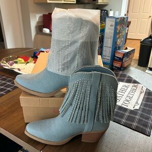 Sugar Denim Blue Fringe Ankle Booties